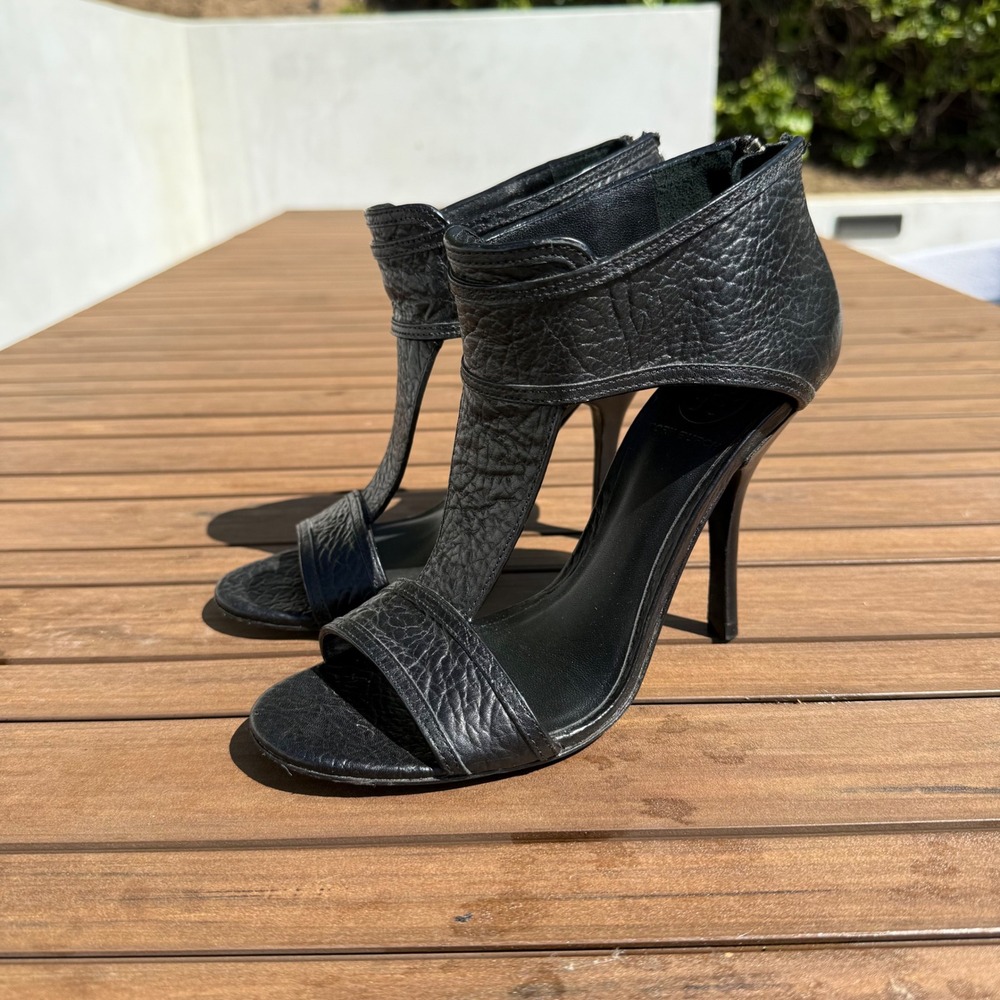 Tory Burch Heels Black Size 7.5 Torben Tumbled Rhino Leather Peep Toe‎ - Picture 5 of 11